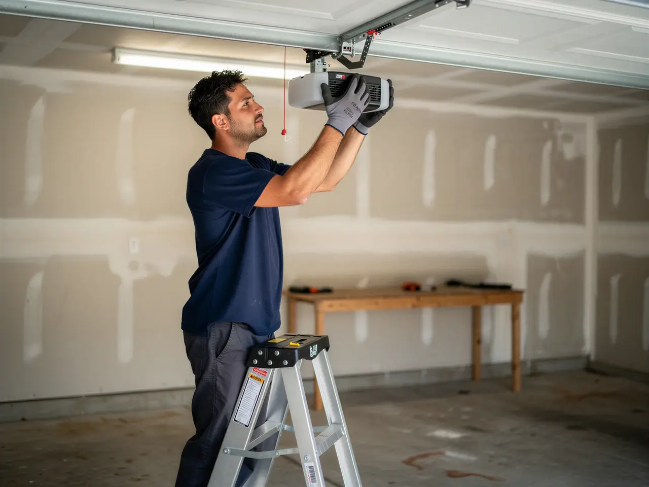 A technician on a ladder installs a garage door opener in a garage.