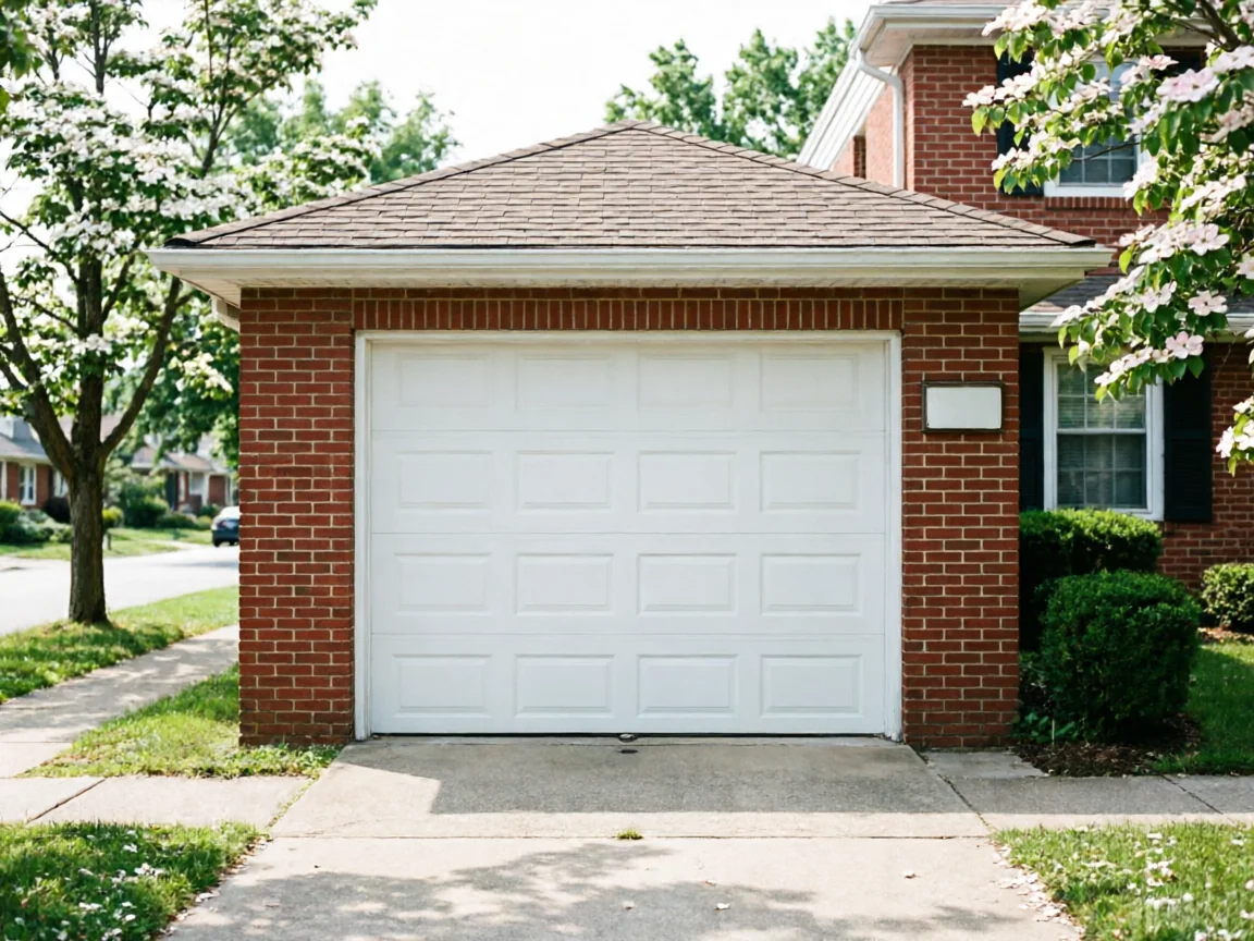 A white garage door is on a red brick house with a brown roof.